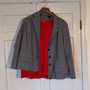 Red blouse with navy blue and white striped blazer